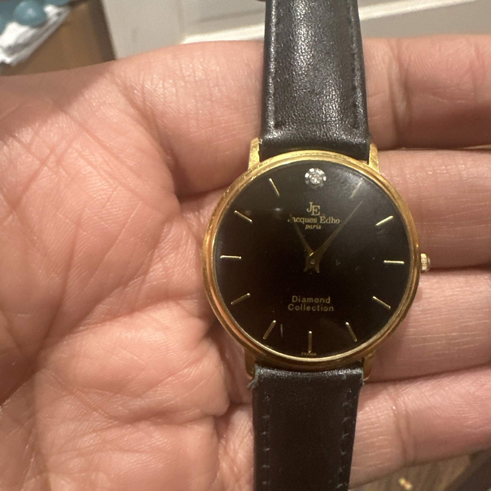 Works Jacques Edho Paris Diamond Quartz Mens watch 18K Gold Plate Black Leather