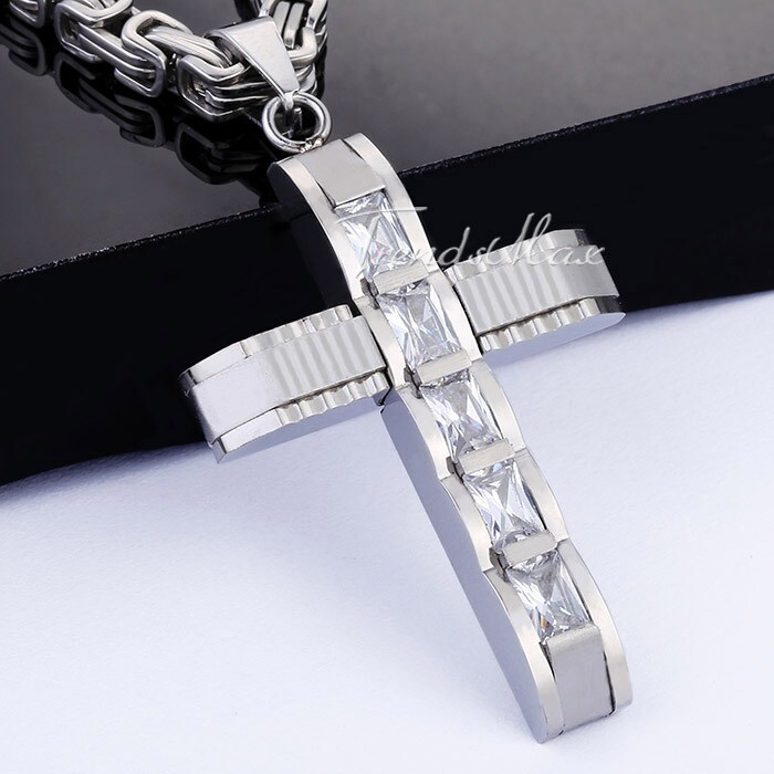 18-30“ Stainless Steel CZ Rhinestone Cross Pendant Necklace Flat Byzantine Chain