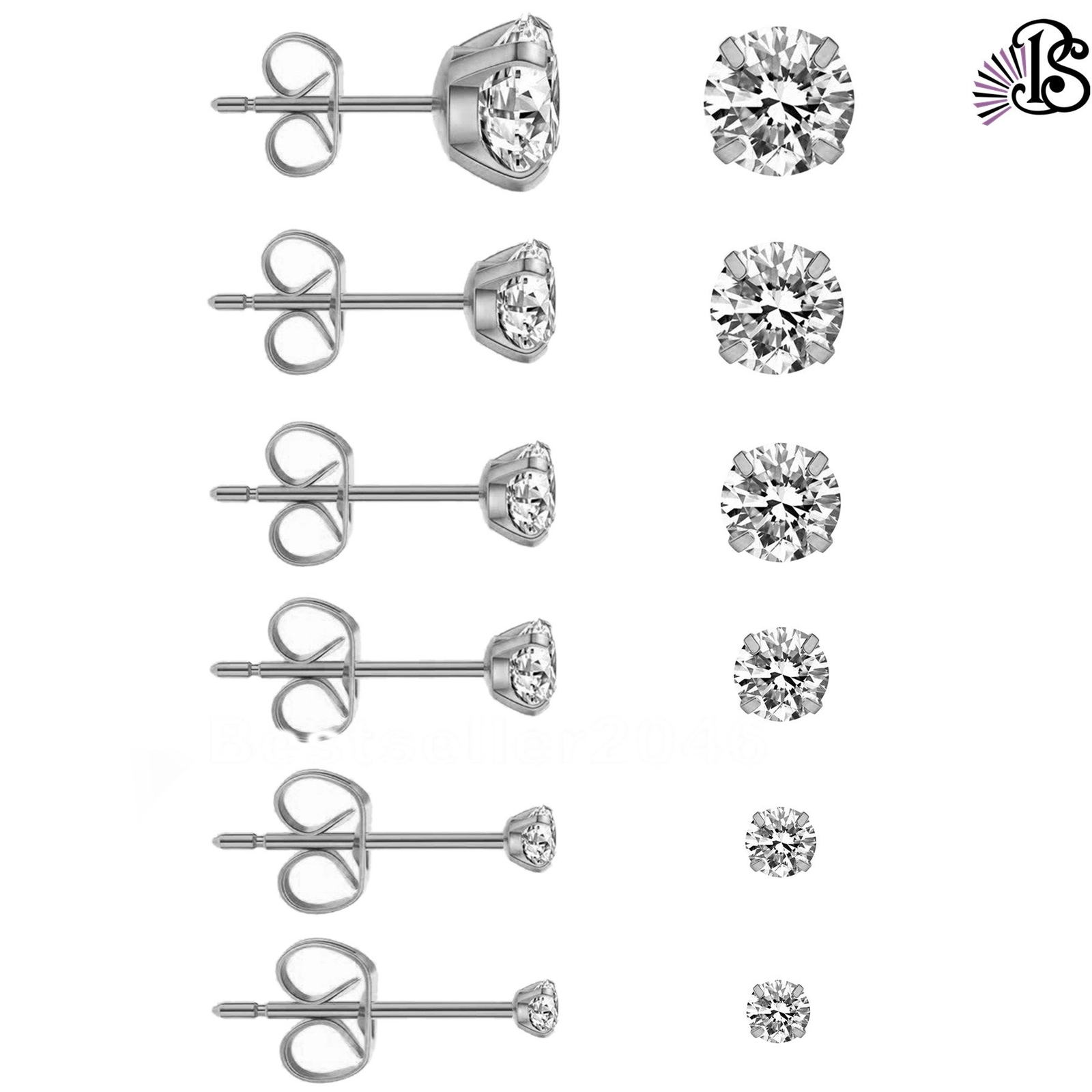 6 Pairs Stainless Steel Round Cubic Zirconia Stud Earrings Set for Men Women
