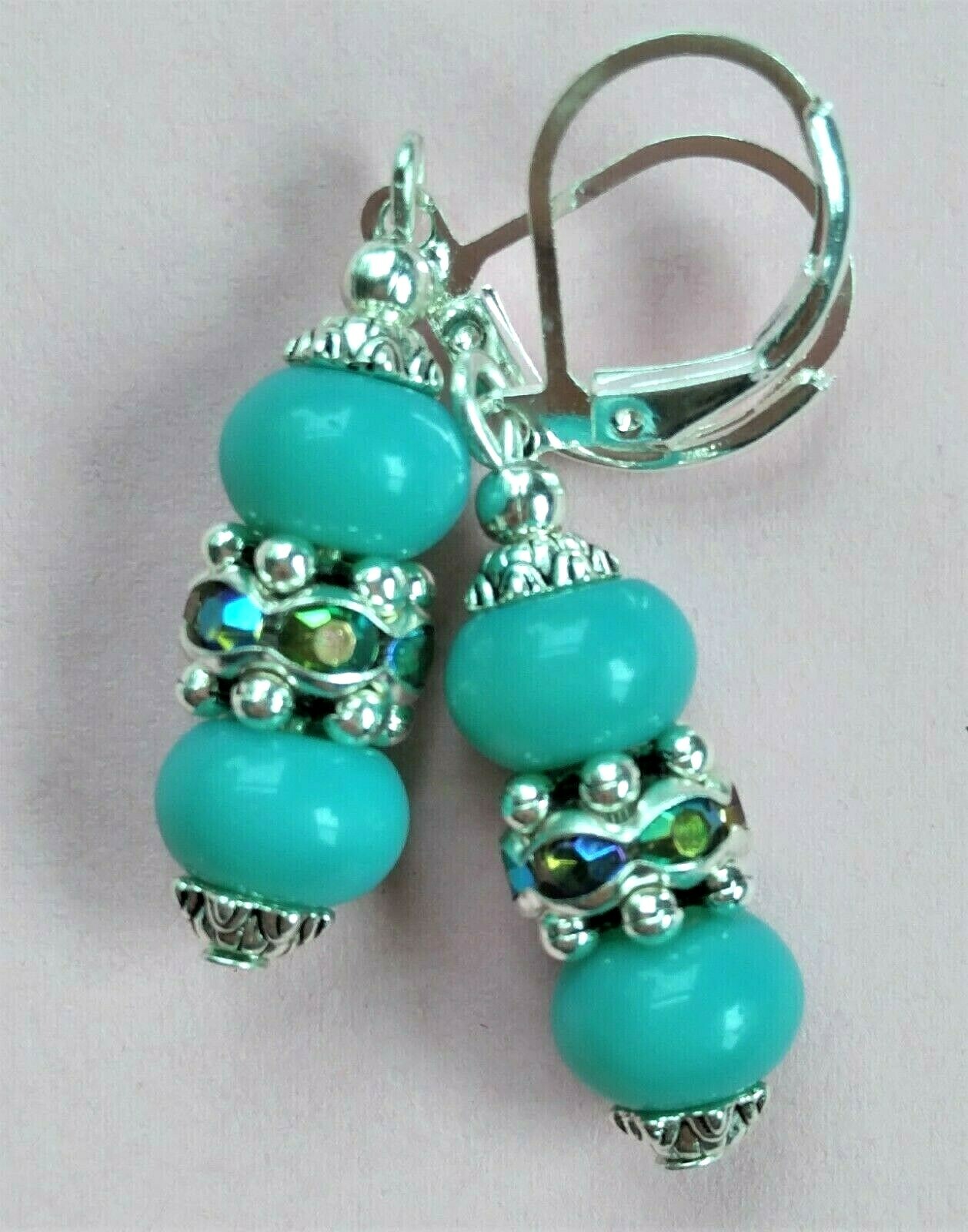 TURQUOISE JADE AB Crystal Ring drop earring SP LEVERBACK handcrafted