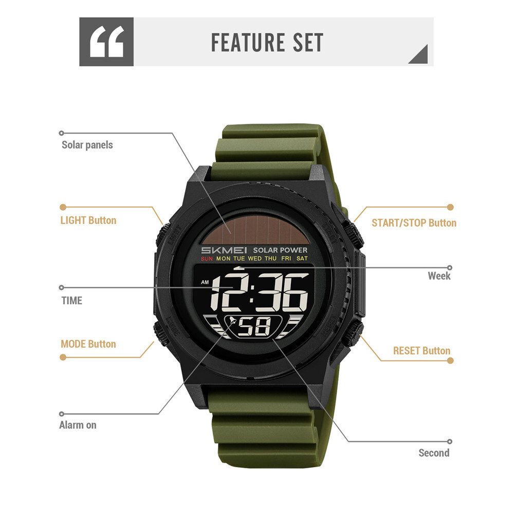 SKMEI Men Sport Watch Solar Power Wristwatch LED Boys Countdown Digital Watches