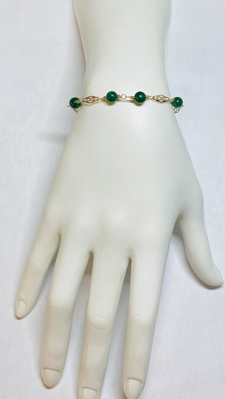 14 Karat Yellow Gold Filled Genuine 6mm Dark Green Jade 7.5″ Plaque Bracelet