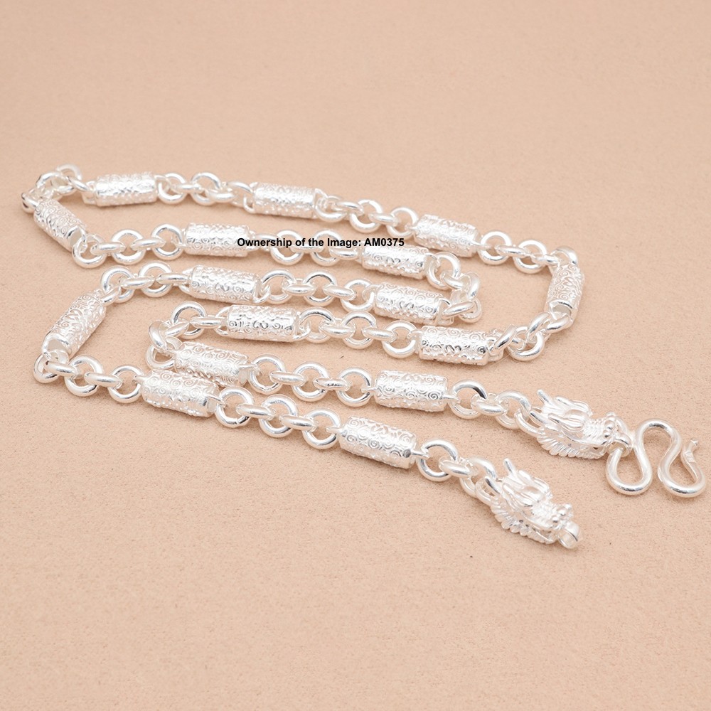 Real S999 Fine Silver Necklace 6.8mm Cloudy Tube and Rolo Link Chain Dragon Head