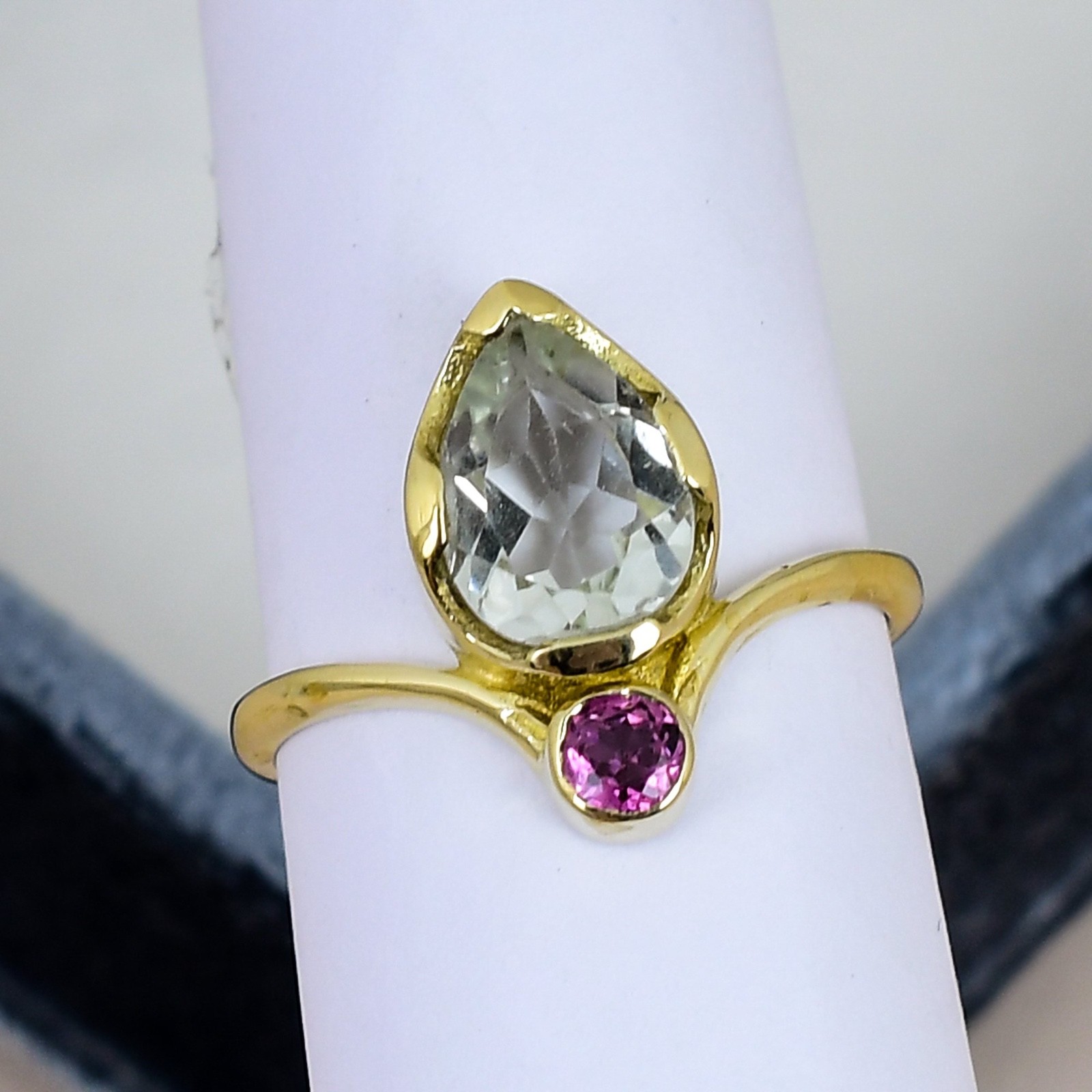 Green Amethyst Pear Ring 7x10mm Pink Sapphire Gold Ring Statement Gift for Her