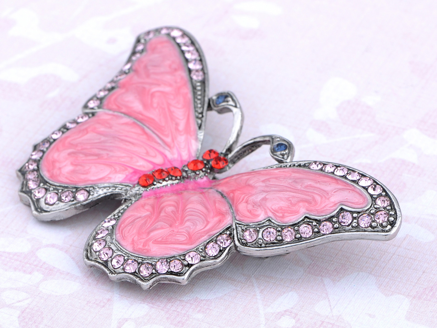 Bug Eyed Pearlescent Rose Pink Enamel Crystal Rhinestone Butterfly Pin Brooch
