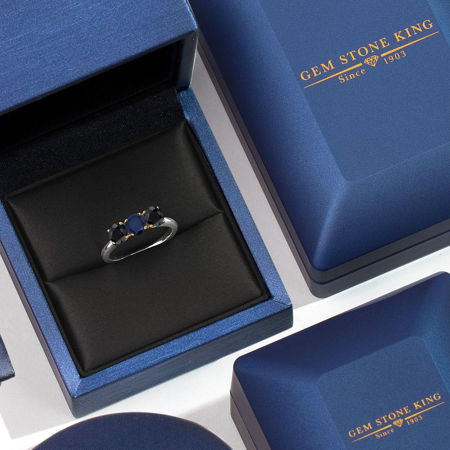 925 Silver and 10K Yellow Gold Sapphire and Black Sapphire Engagement Ring For