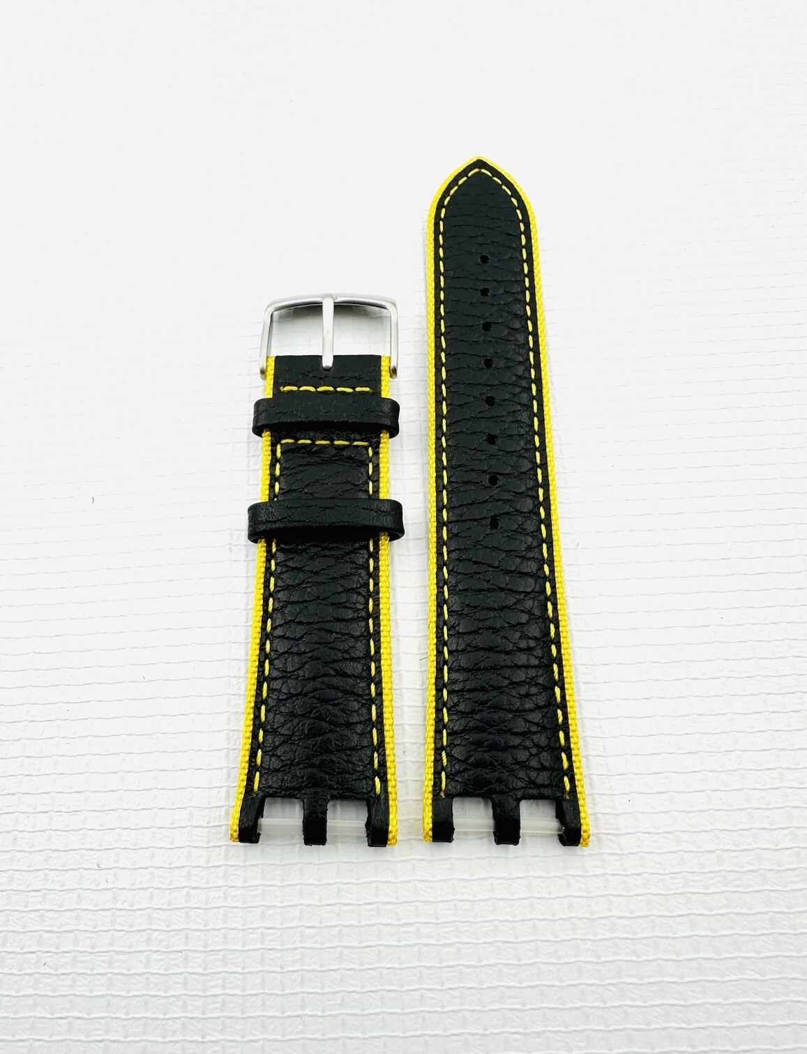 VERSACE WATCH STRAP , VAH , BLACK + YELLOW STITCHING YELLOW , TONGUE BUCKLE