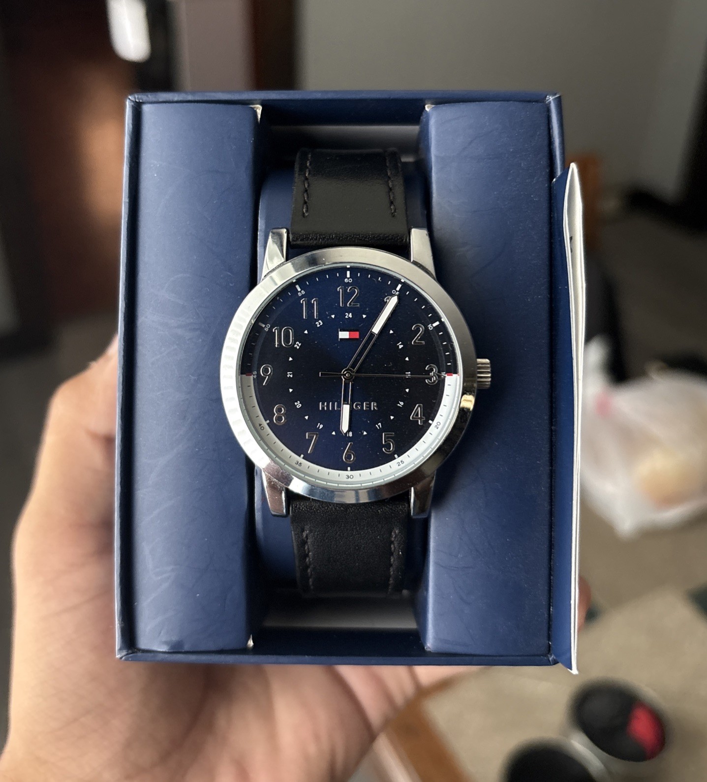 Tommy Hilfiger Black Leather Blue Dial New Battery Box+Papers No Scratches NM
