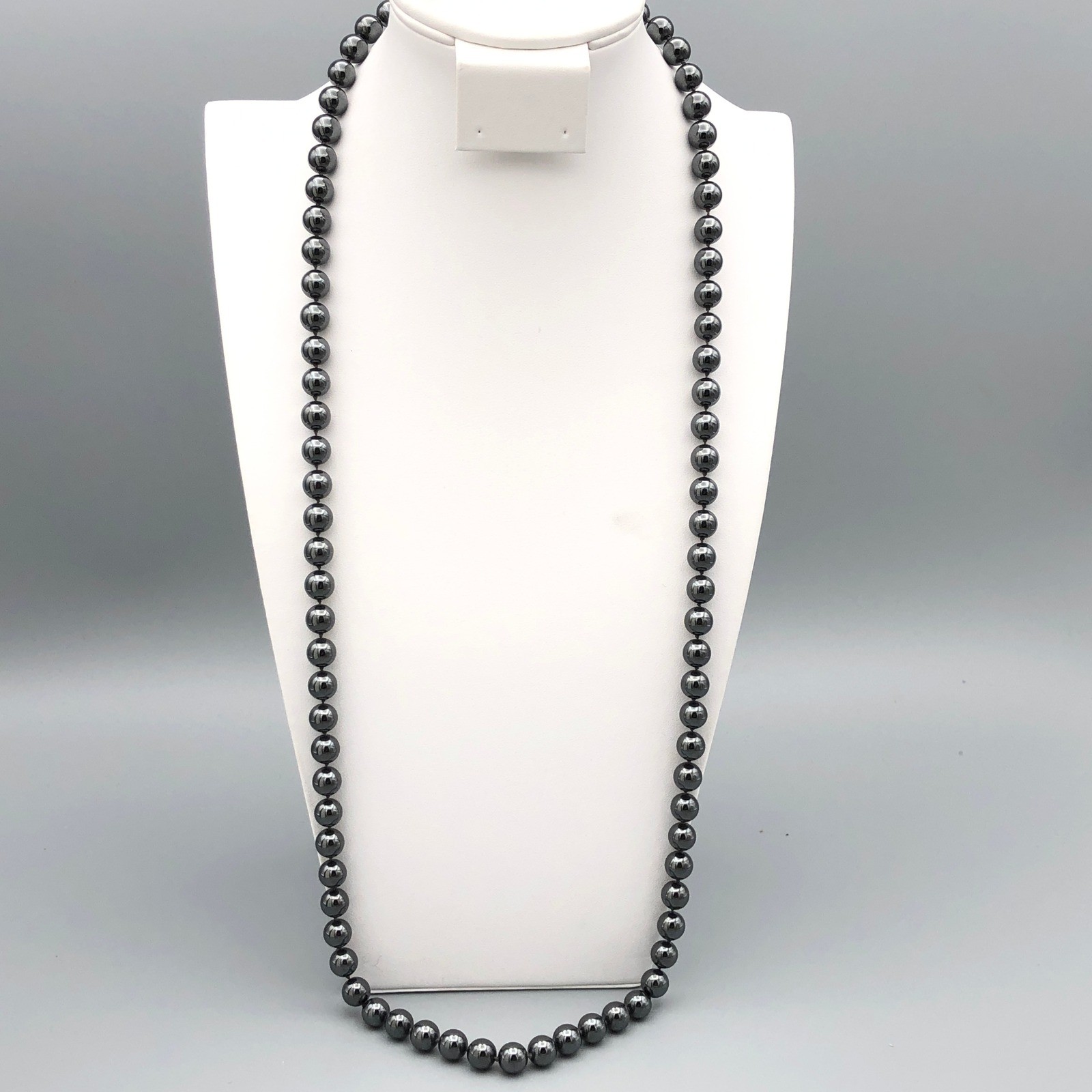 Vintage Hematite Bead Necklace 8mm Knotted 30 in Opera Length Filigree Clasp