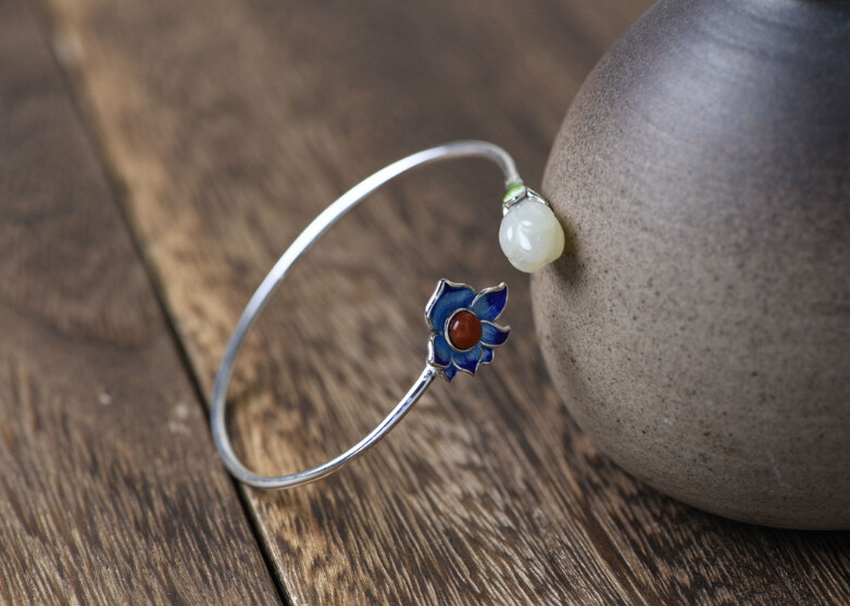 I05 Cloisonne Bangle Silver 925 Blue Green Petals White Jade Agate
