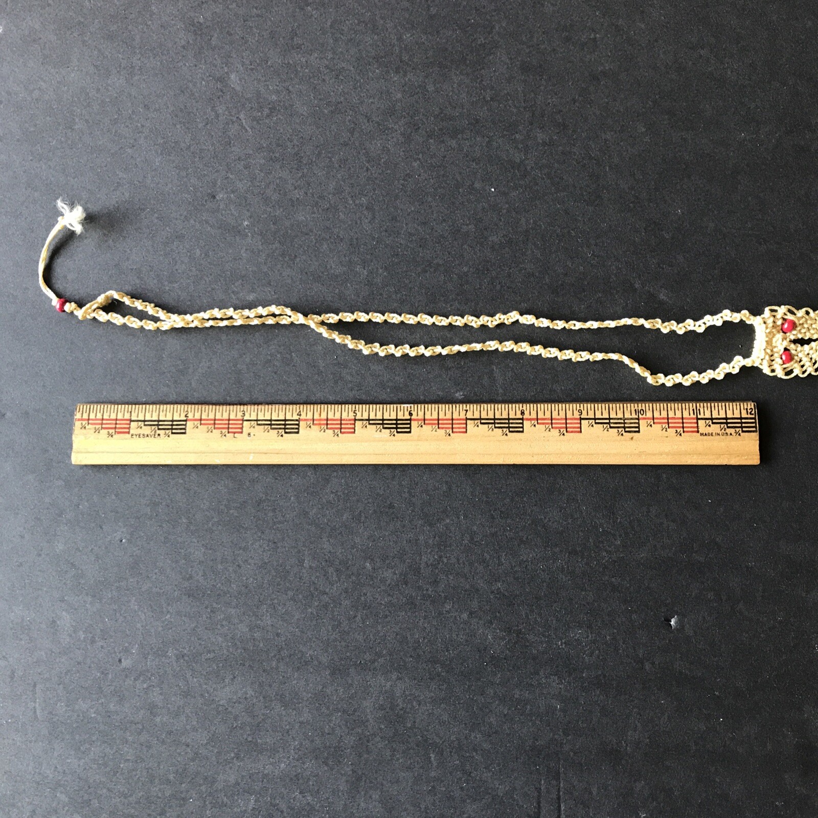 Vintage Macrame Owl Necklace Red Wood Bead Eyes Twig Branch Perch Handmade New