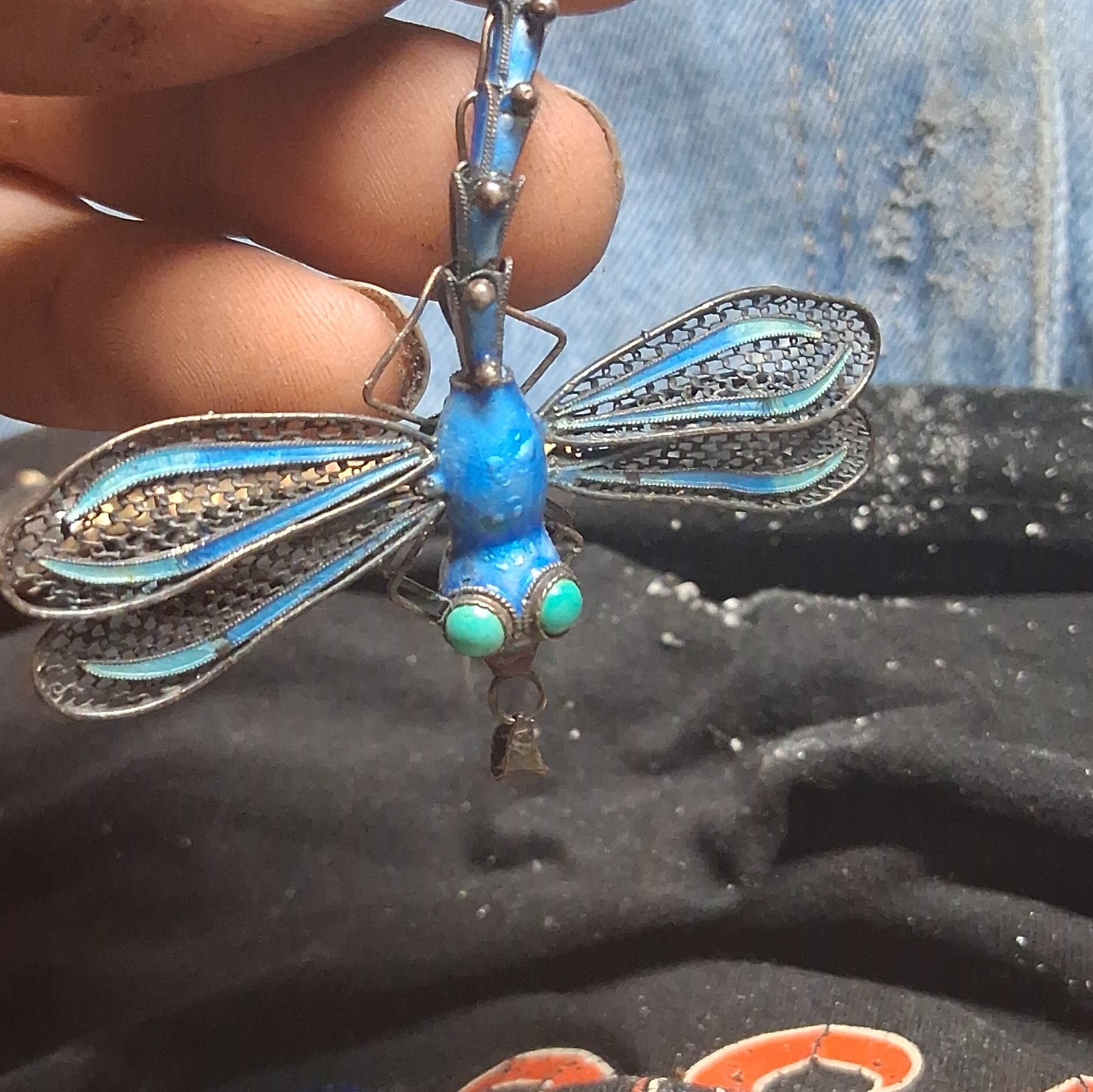 Blue Black Metal Dragonfly Brooch Pin w/ 2 Round Green Stones Bezel Set