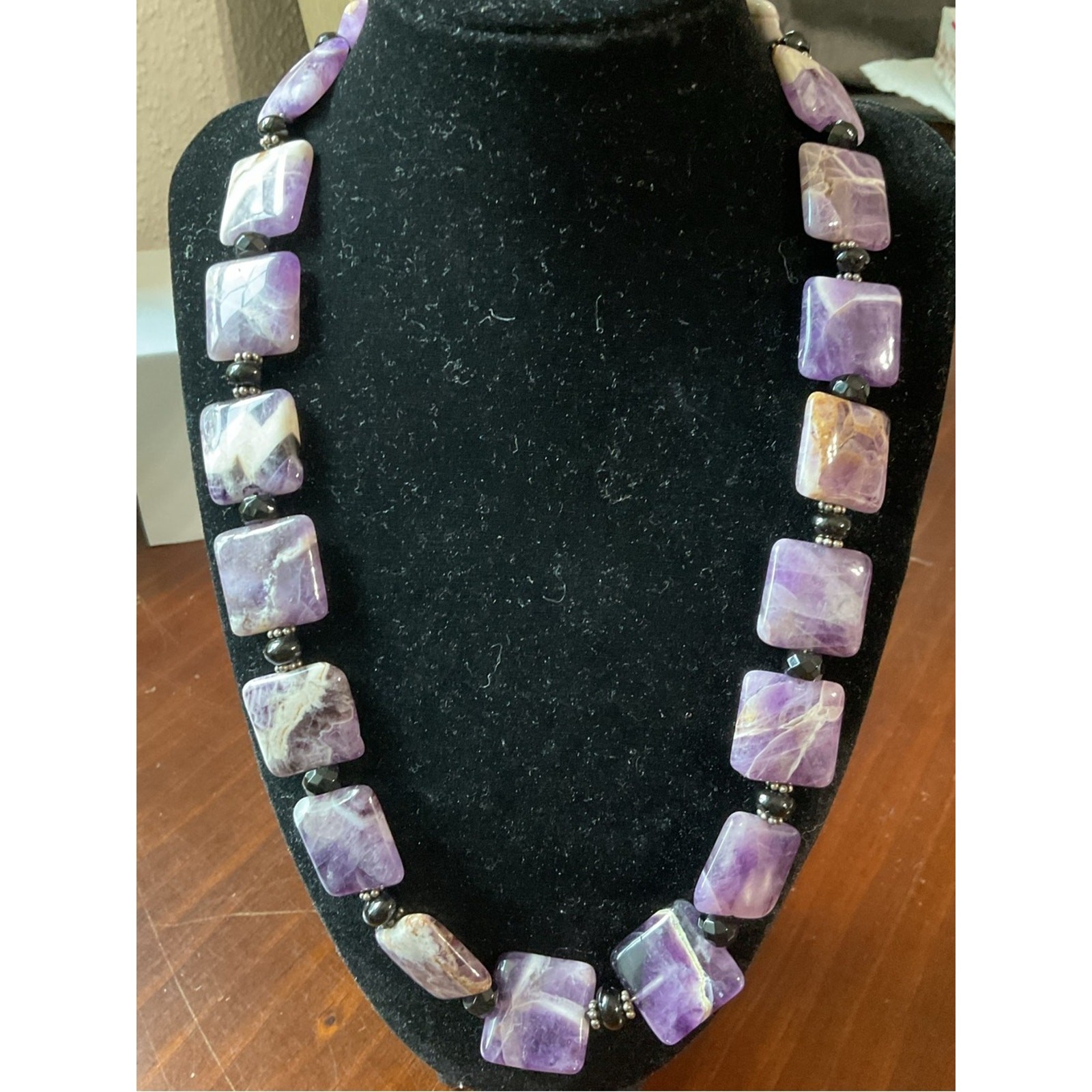 Vintage Sterling Silver Chevron Amethyst Beaded Toggle Clasp Necklace
