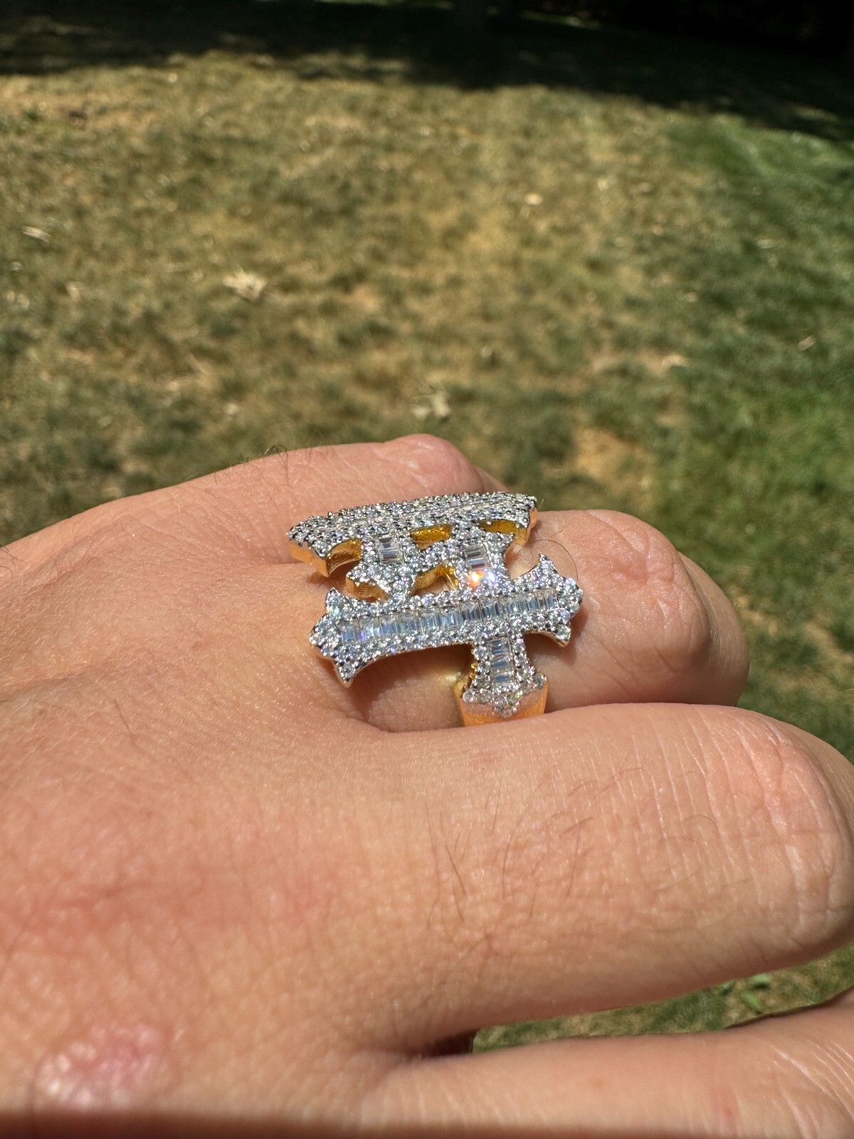 MOISSANITE Iced Real Baguette Gothic Three Cross Ring Solid 14K Gold 925 Silver