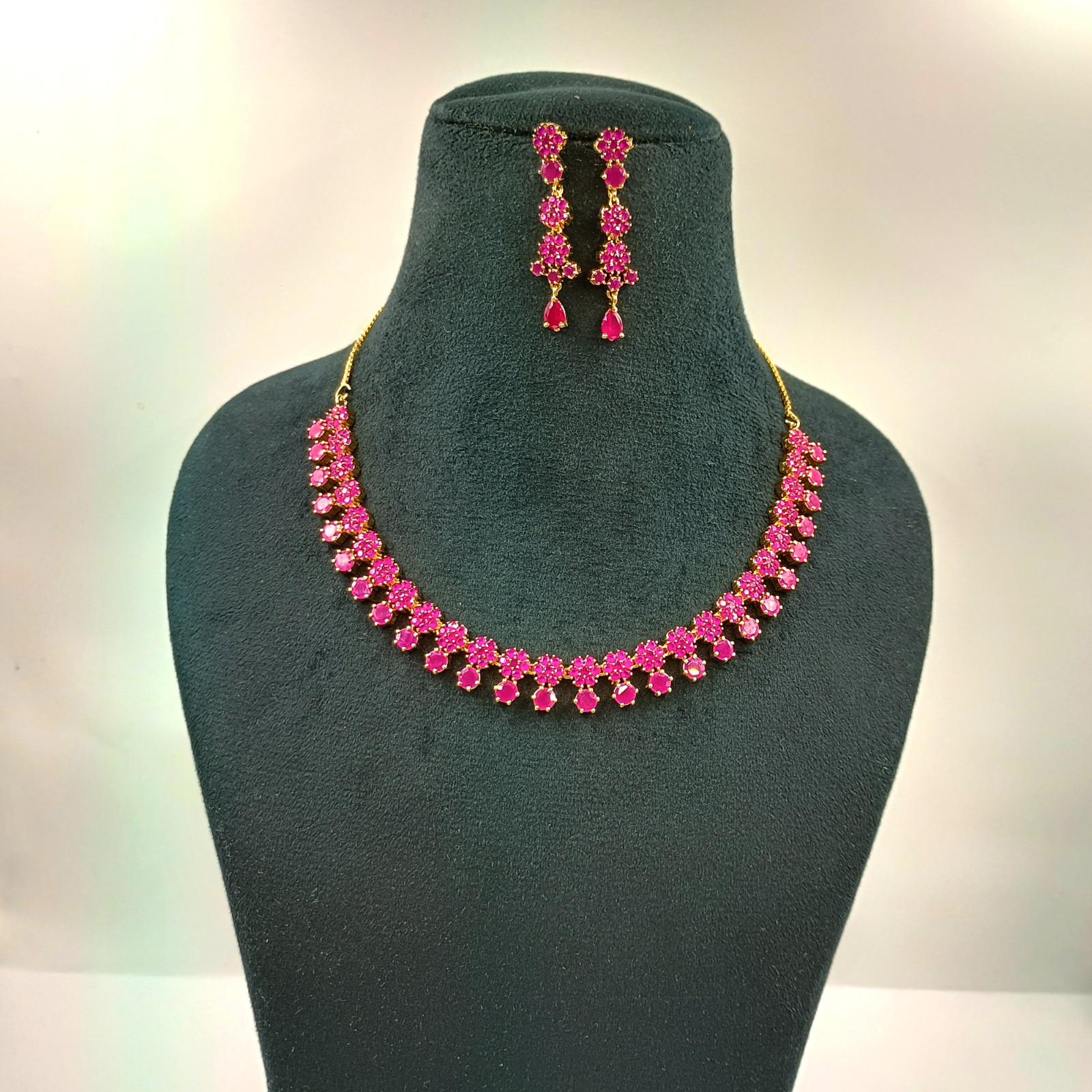 Indian 22k Gold Plated Ruby Floral Statement Necklace Set Wedding Jewelry