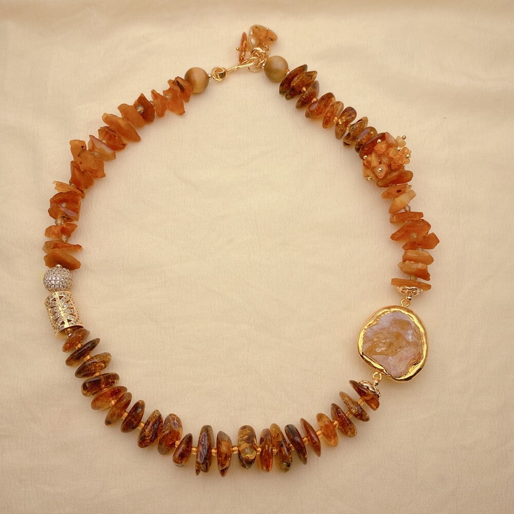Natural Golden Amber Rough Yellow Citrine Raw Necklace Cz