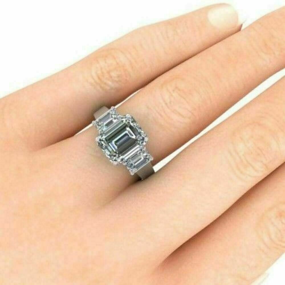 13 Ct Certified Emerald Shape Natural White Diamond Ring VVS1 White Gold Finish