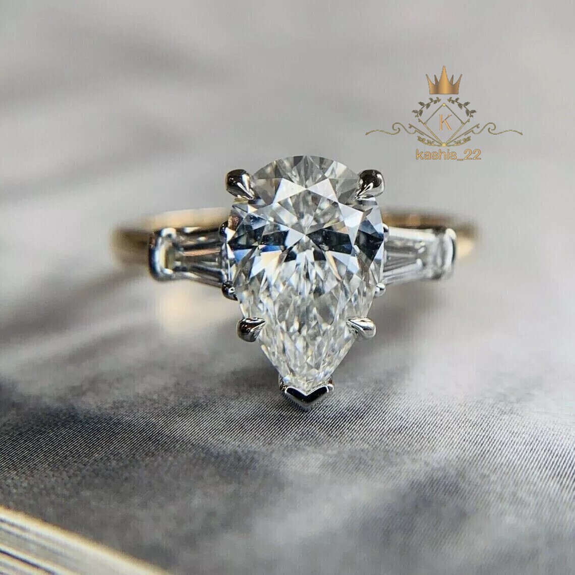 Moissanite Solitaire Engagement Ring Pear Cut 3.50 CT Solid 14K Yellow Gold VVS1