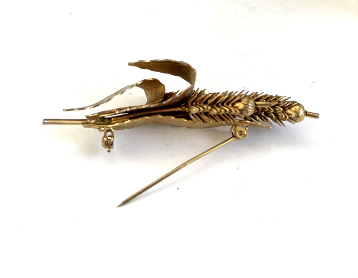 Large Vintage Wheat Brooch Articulated Gold Tone Enamel Wash Cattails Pin 3”