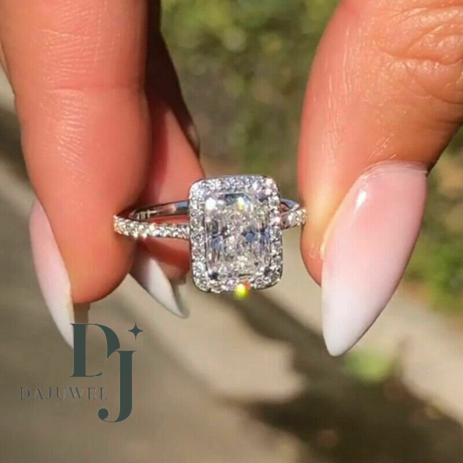 3 Carat Radiant Cut Moissanite Halo Wedding Engagement Ring Solid 14K White Gold