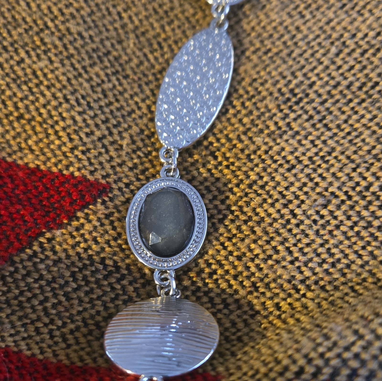 Silver Tone Layered Cable Chain Station Necklace Oval Disc Links Lobster Clasp