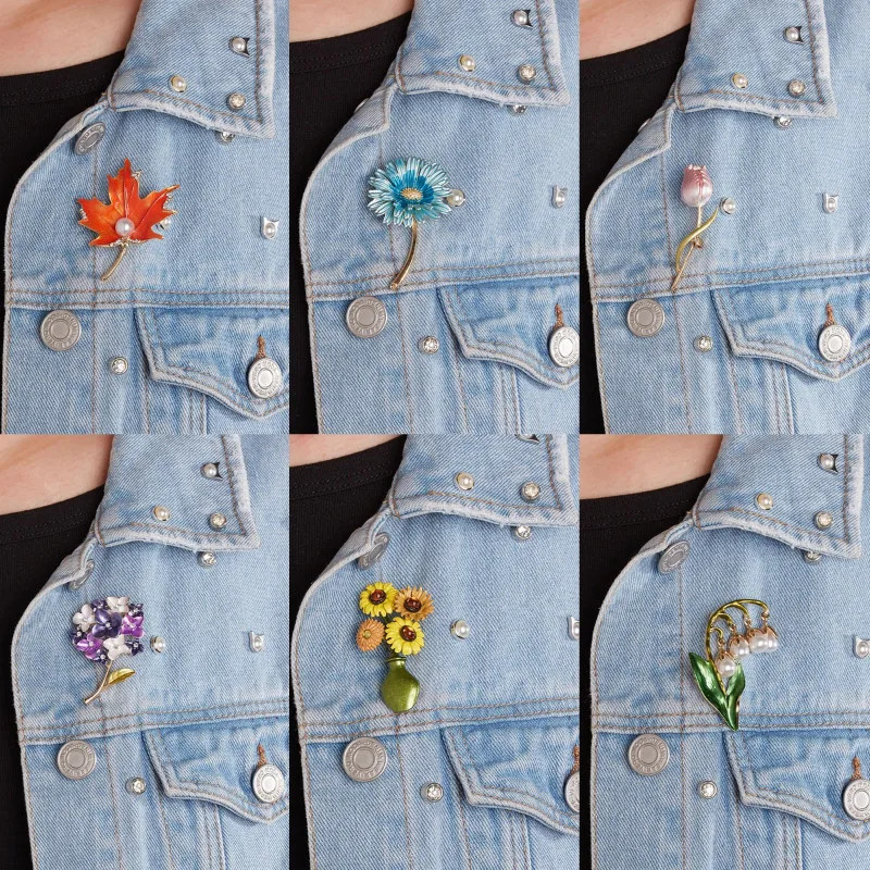 Vintage Plant Brooches For Women Elegant Flower Enamel Pin Pearl Jewelry Gift