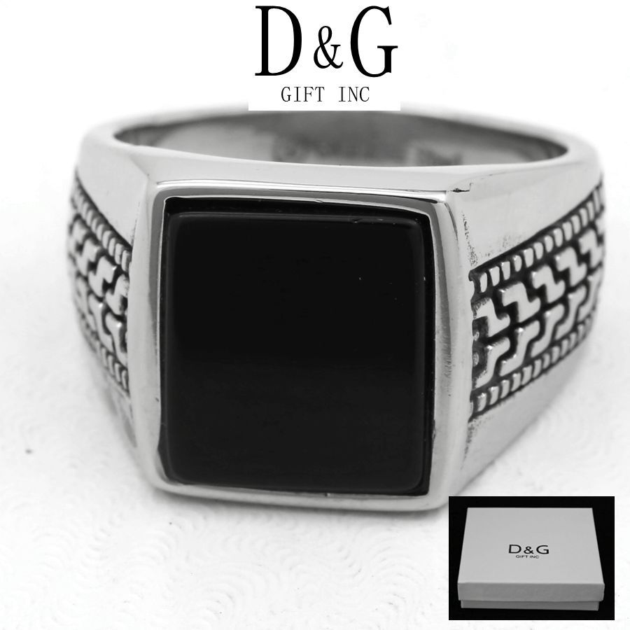 DG Men’s Stainless Steel Silver 17mm Onyx Rings #8 9,10,11,12,13 High Polish Box