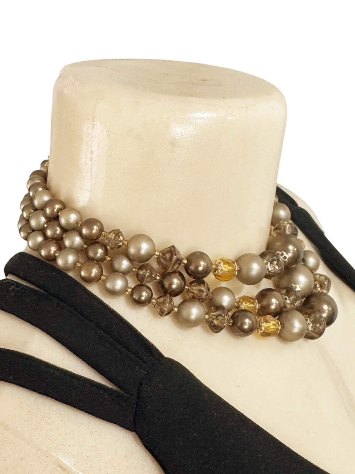 Vintage 3-Strand Simulated Pearl & Amber Bib Style Choker Statement Necklace