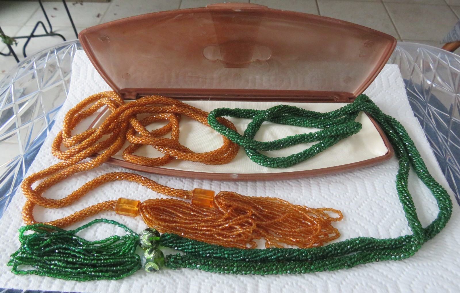 Lot 2 Antique Braun Crystal Opera Beads, Green & Gold Tns, With Braun Case