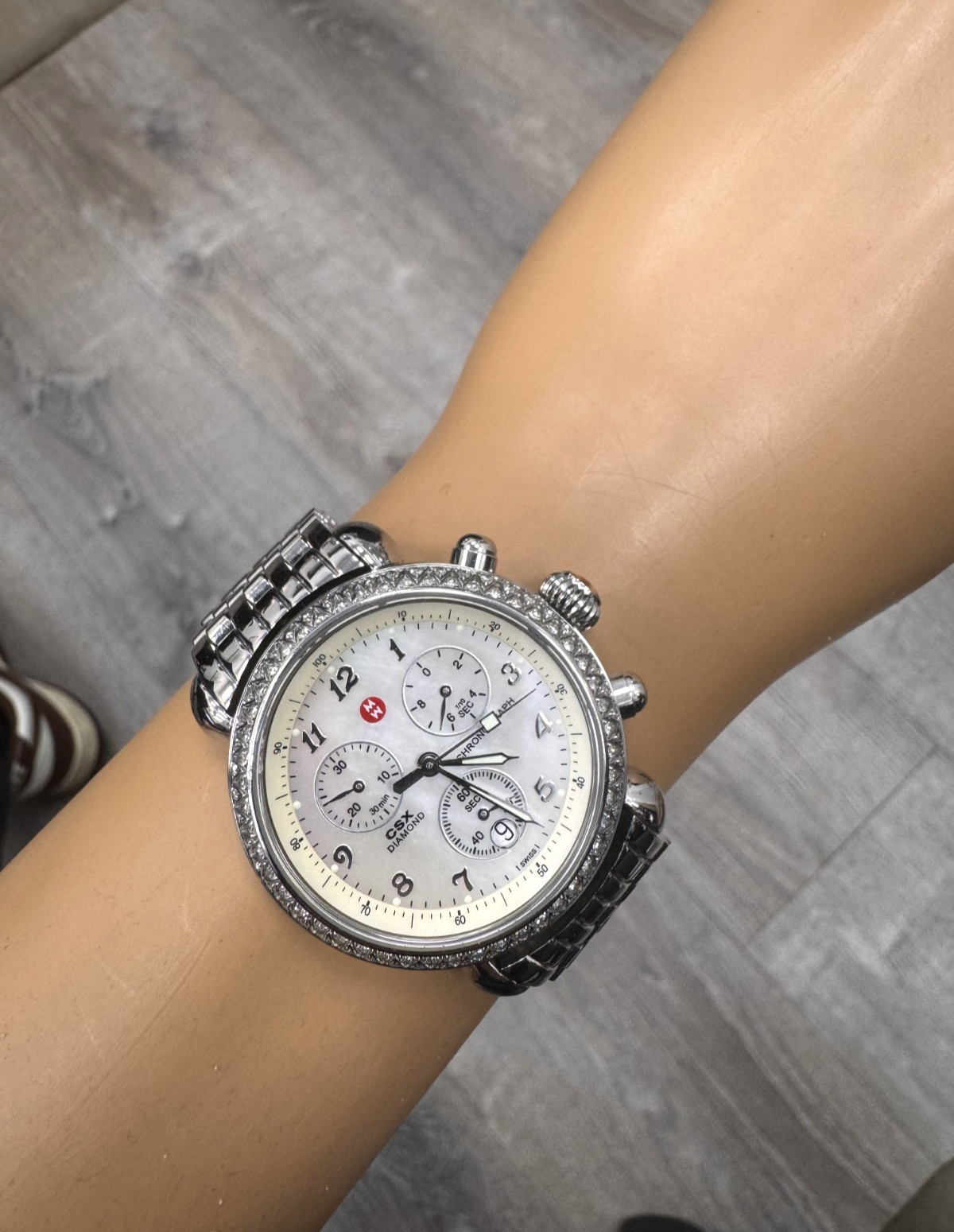 Women SWISS CHRONOGRAPH Watch MICHELE “CSX” 71-3600. Diamonds Bezel. MOP Dial