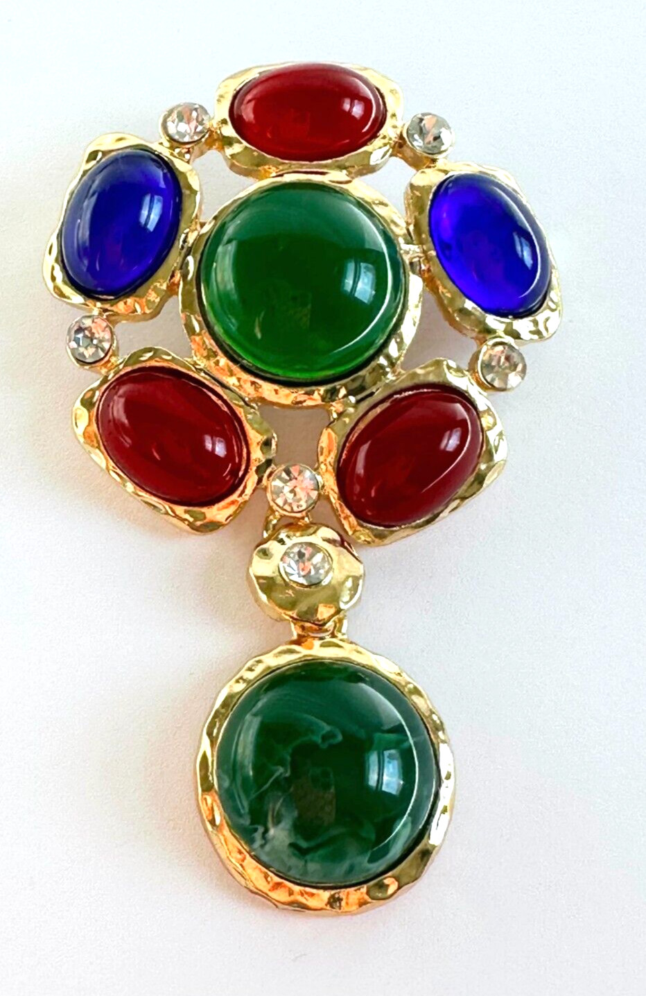 Gold Tone & Multicolor Cabochon Acrylic & Crystal Rhinestones Brooch