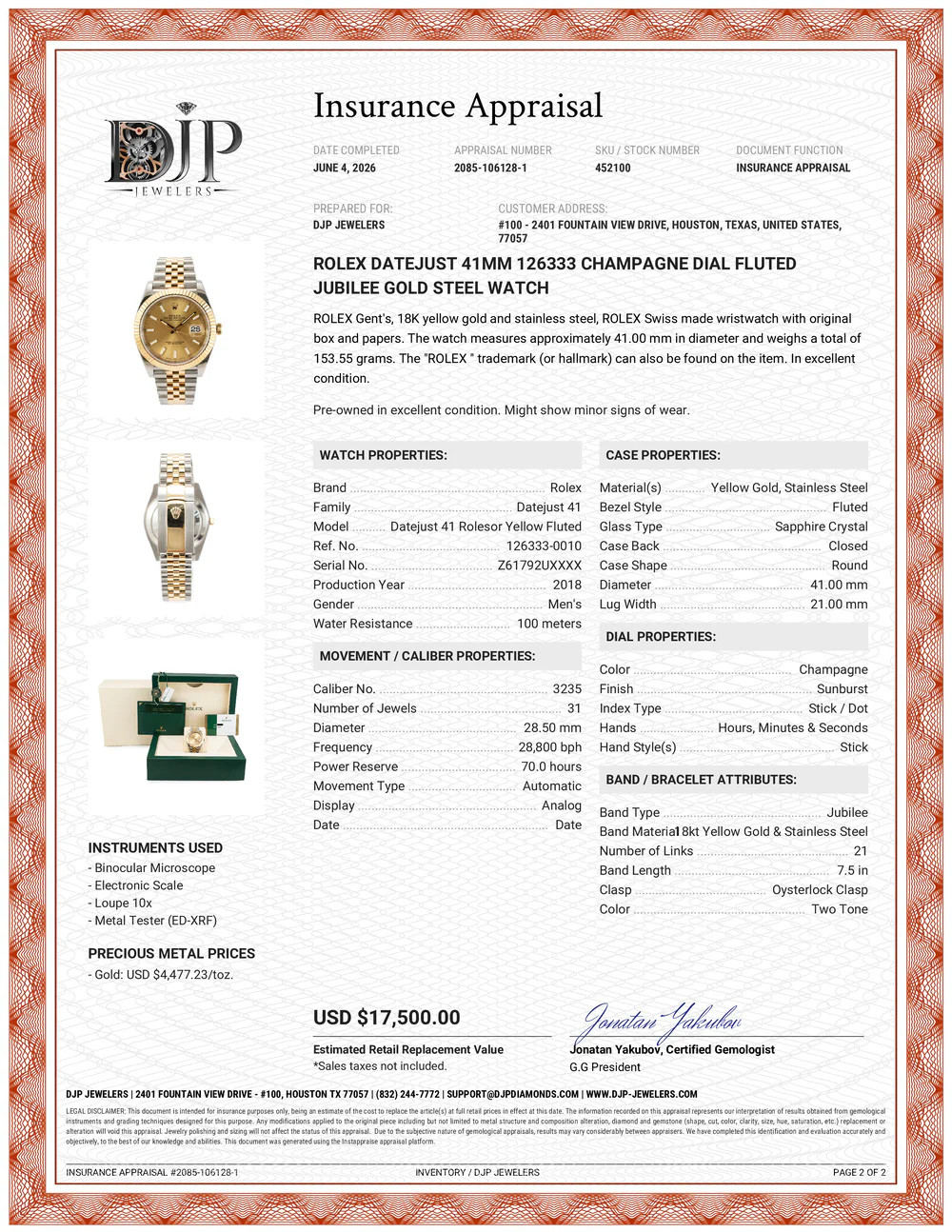 Rolex Datejust 41MM 126333 Champagne Dial Fluted Jubilee Gold Steel Watch