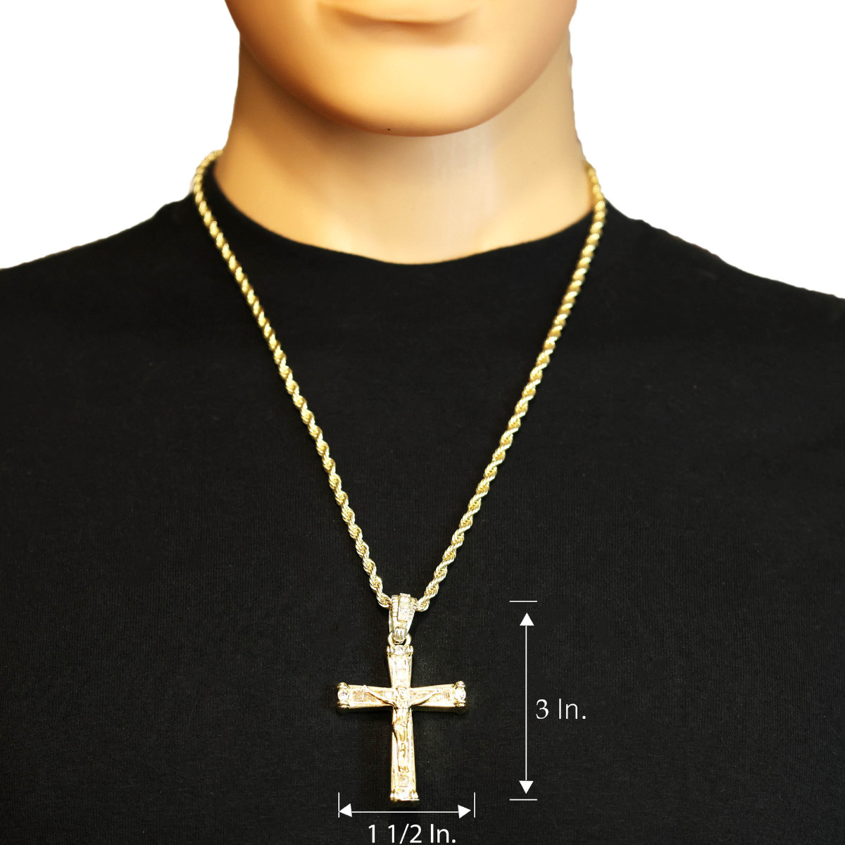 Iced Latin Jesus Cross Pendant Cubic Zirconia 14k Gold Plated Rope Chain For Men