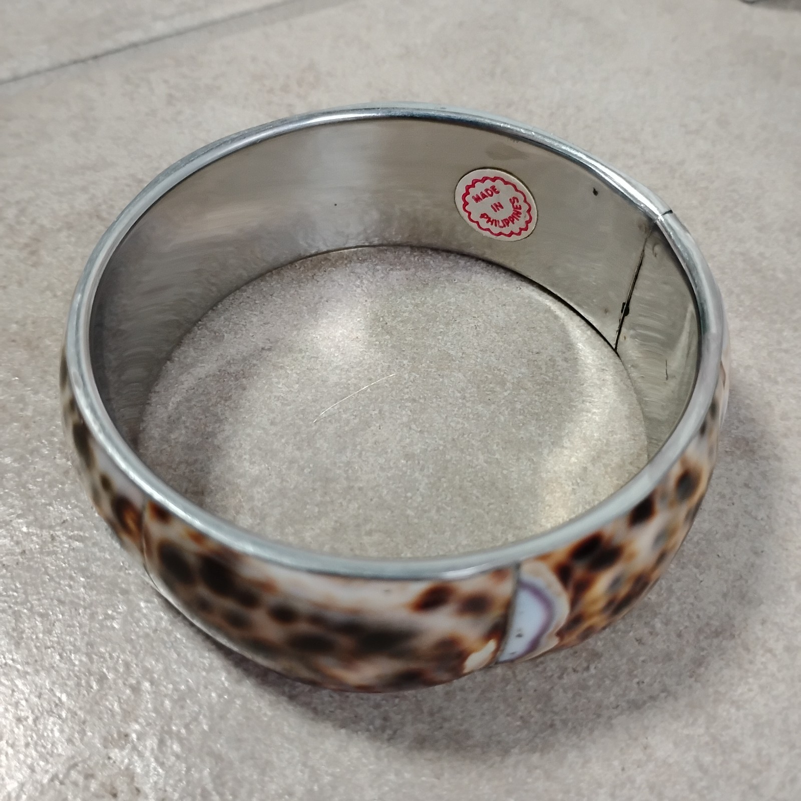 Vintage Metal Silvertone Shell Inlay Bracelet Sz 8 Brown Spot Bangle Philippines