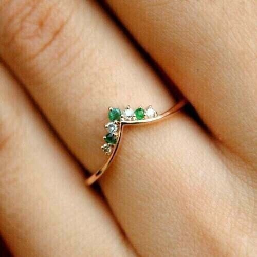 Round Cut Simulated Green Emerald Eternity Curved Ring In 14K Rose Gold Plated