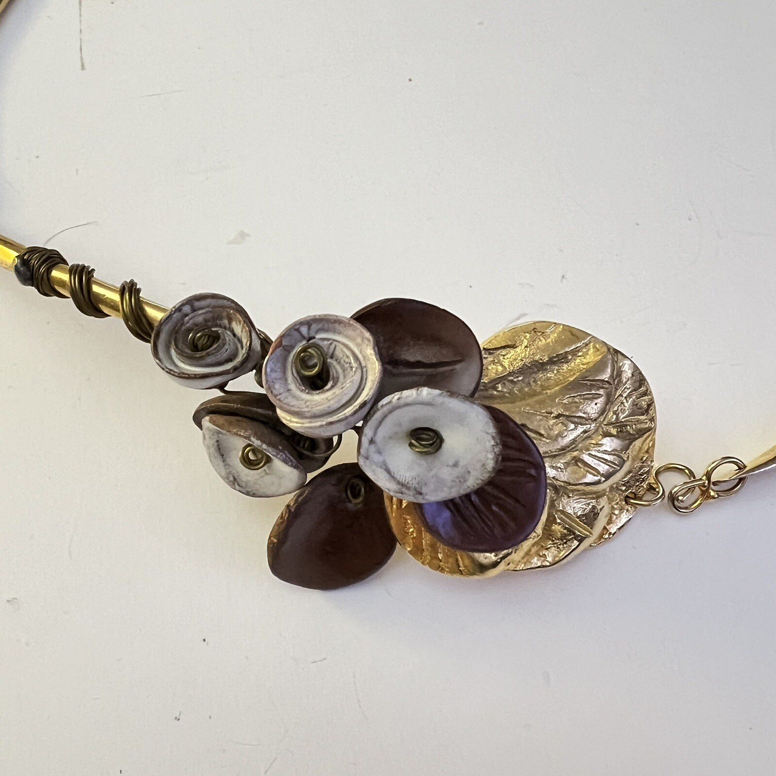 Necklace Designer Mimi Choker 10” Signed Cast Brass Floral Center Vintage
