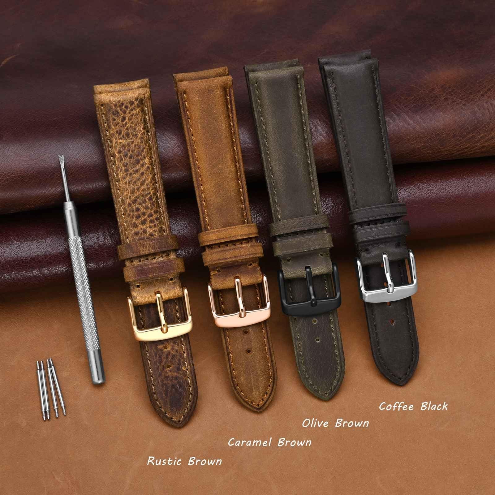 18mm Genuine Leather Watch Band with Gold Buckle (Caramel Brown)