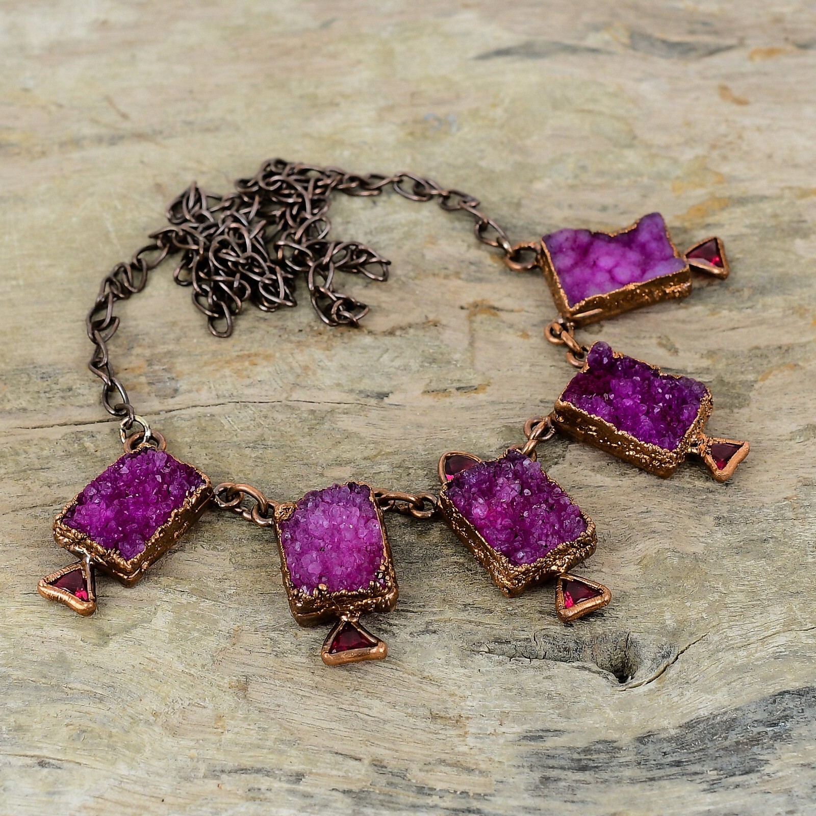 Pink Druzy Copper Electroformed Chain Adjustable Necklace For Women 18.0″