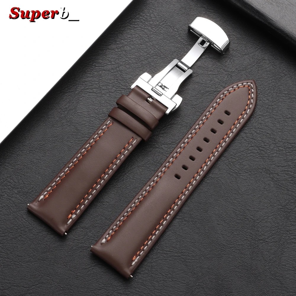 Genuine Calfskin Leather Watch Band 20mm 22mm 24mm Butterfly Buckle Strap