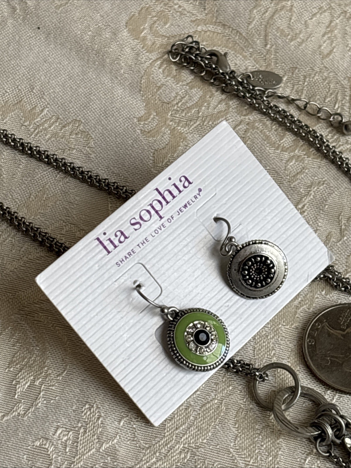 Lia Sophia Quill Necklace Satin Matte Silver Tone Long & Botanica Reversible PE