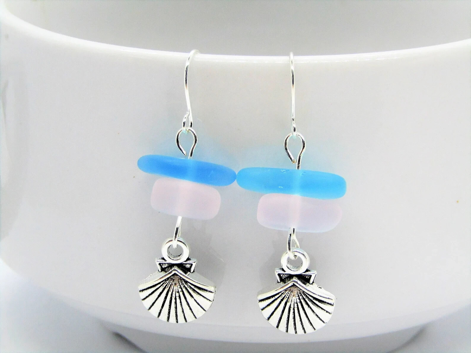 Frosted Pink & Blue Sea Glass Beach Stone Pebble Silver Charm SEASHELL Earrings
