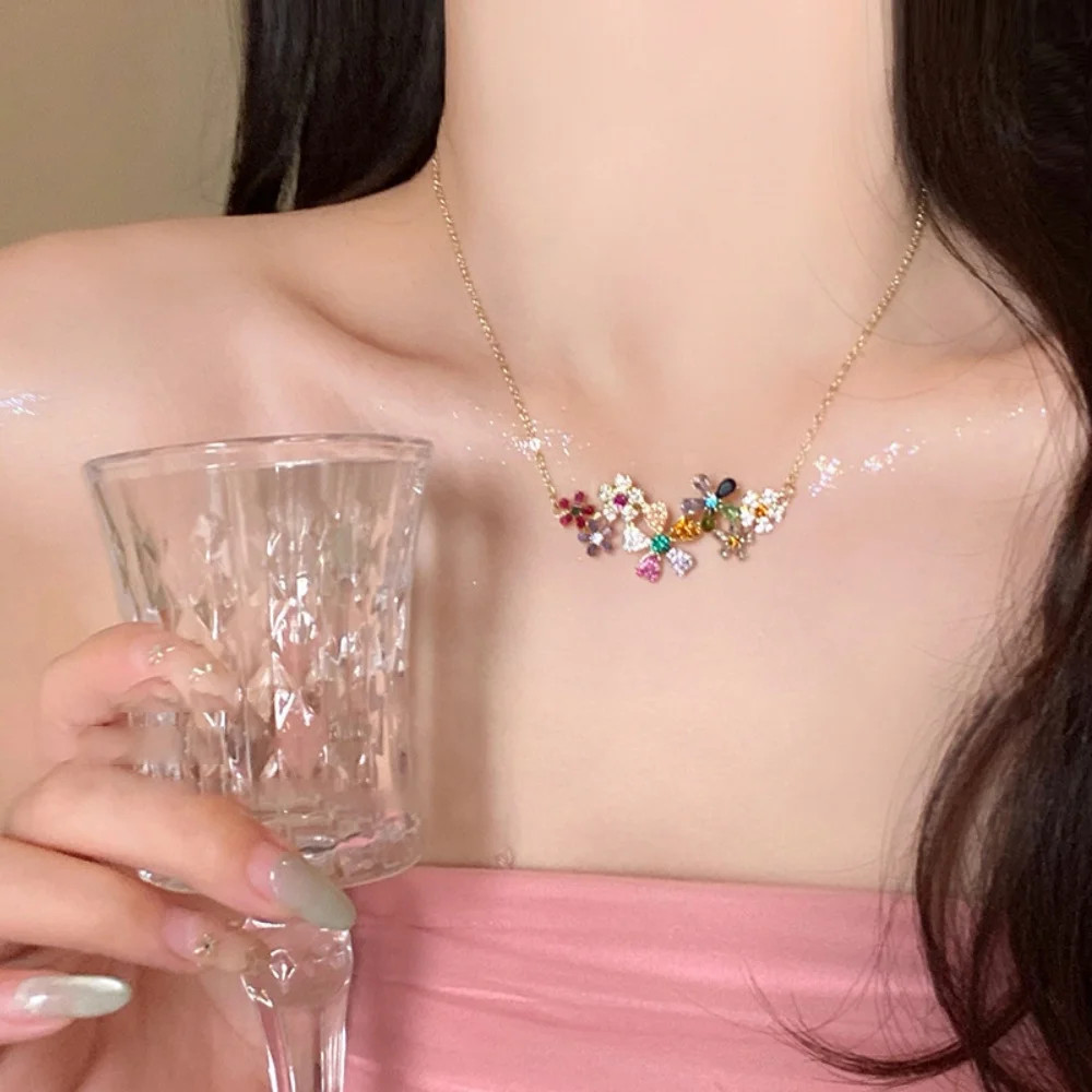 Geometry Colored Zircon Flower Necklace Earrings Women’s Trendy Fashion Jewelry