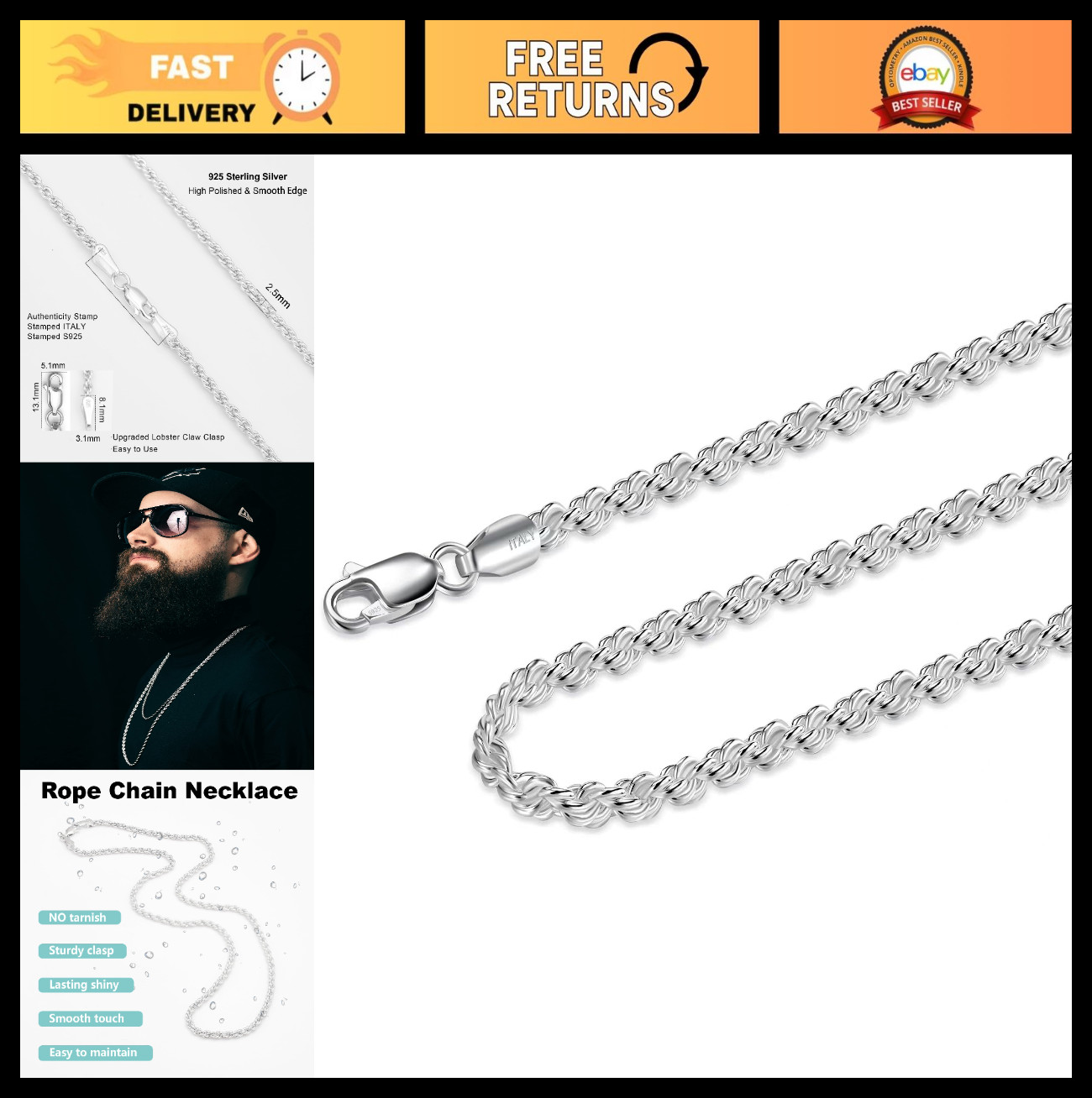 925 Sterling Silver Rope Chain Necklace 2.5mm Lobster Clasp 16-30 Inches Unisex