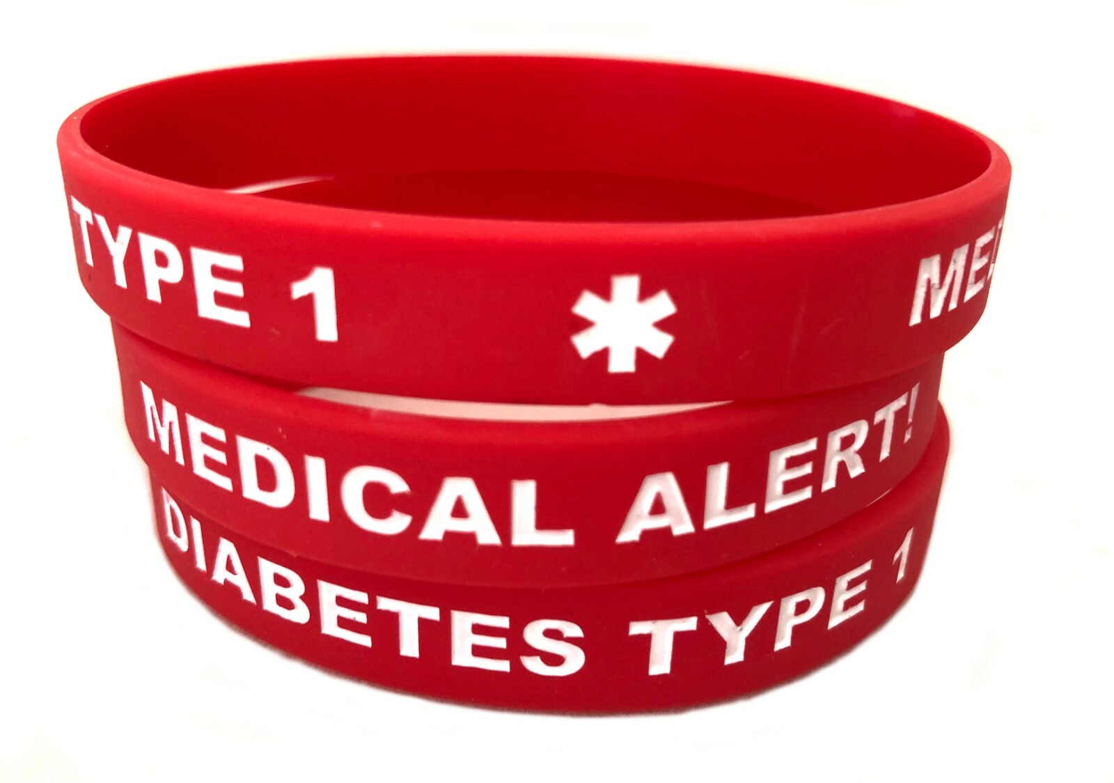 XL Size Diabetes Type 1 or Type 2 Red Silicone Medical ID Bracelets (Lot of 2)