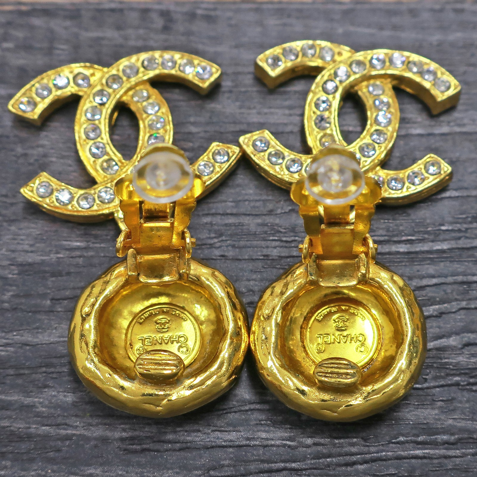 CHANEL Gold Plated CC Logos Rhinestone Swing Vintage Earrings #1399c Rise-on