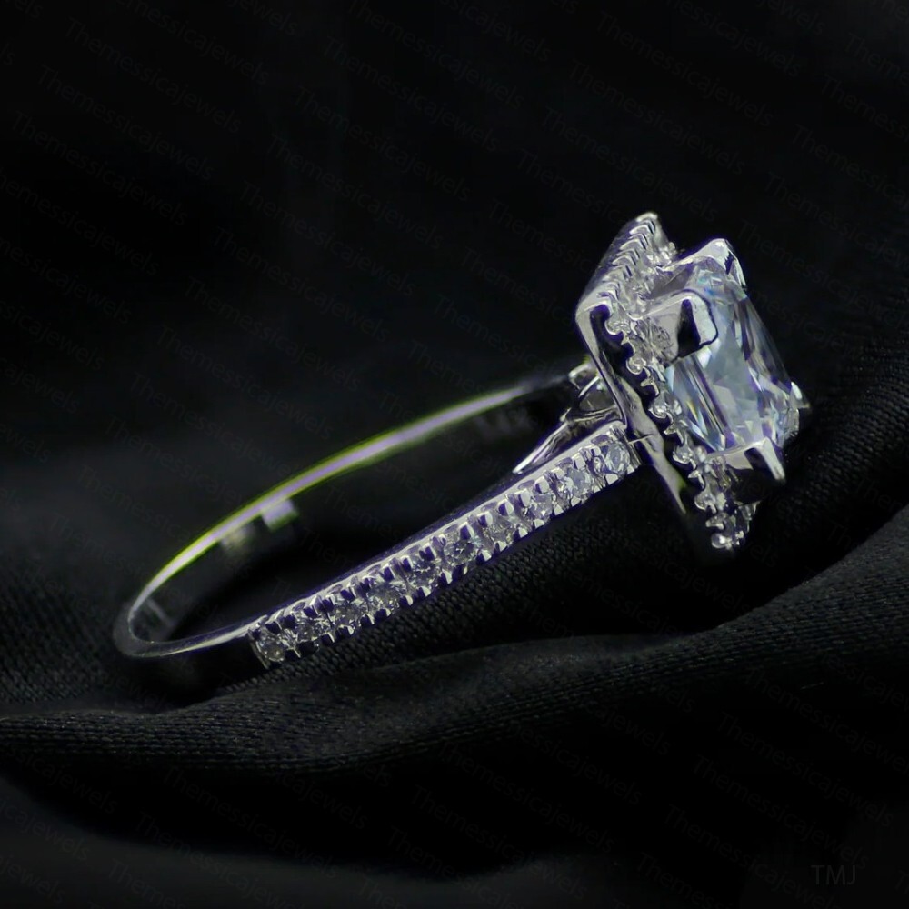 2.76 TCW Princess Cut Moissanite Halo Engagement Ring In 14k White Gold Plated