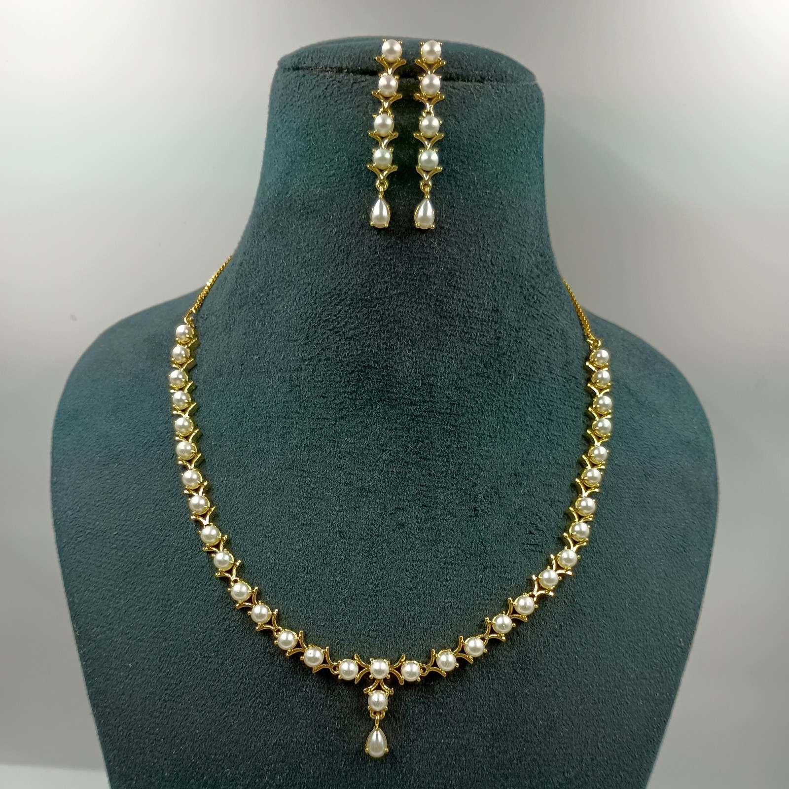 22k Gold Plated Pearl Round Stone Statement Necklace Set Wedding Jewelry Women’s