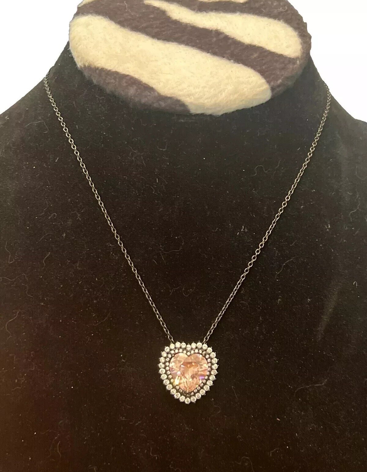 PINK HEART W/CLEAR CZ 925 BLACKENED STERLING SILVER NECKLACE 7.75-9.75”
