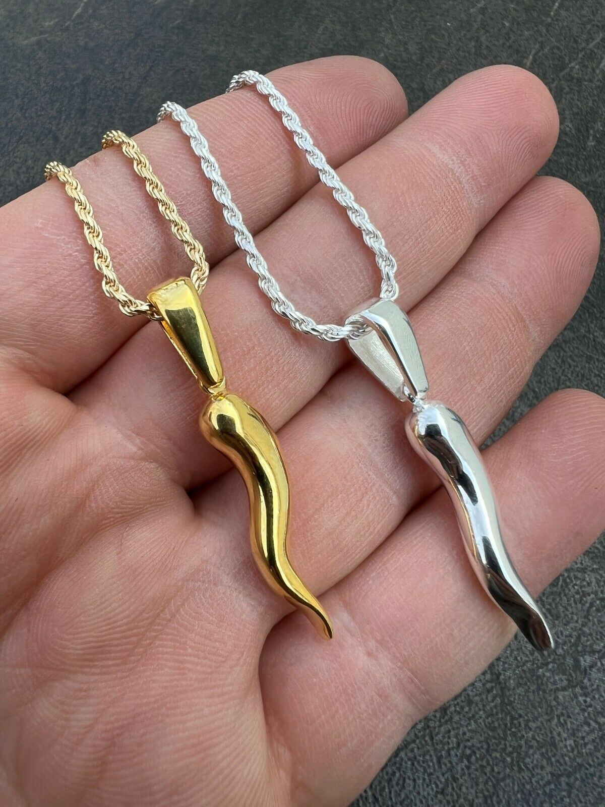 Real 925 Silver / Gold Plated Italian Cornicello Horn Pepper Pendant Necklace