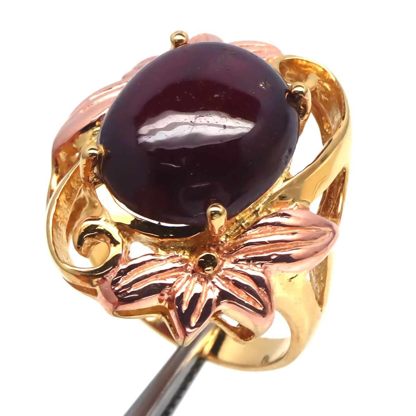 925 Silver 13x15MM. Red Ruby (9.05ct.) Two Tone Birthstone Jewelry Ring Size 7.5